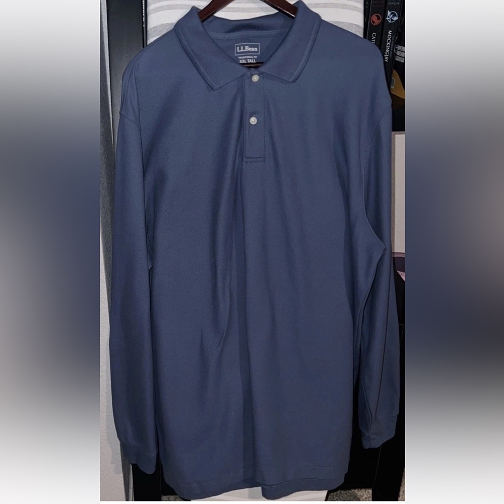 LL Bean Shirt Mens XXL Tall Blue Polo Shirt Long Sleeve Pullover 100% Cotton
